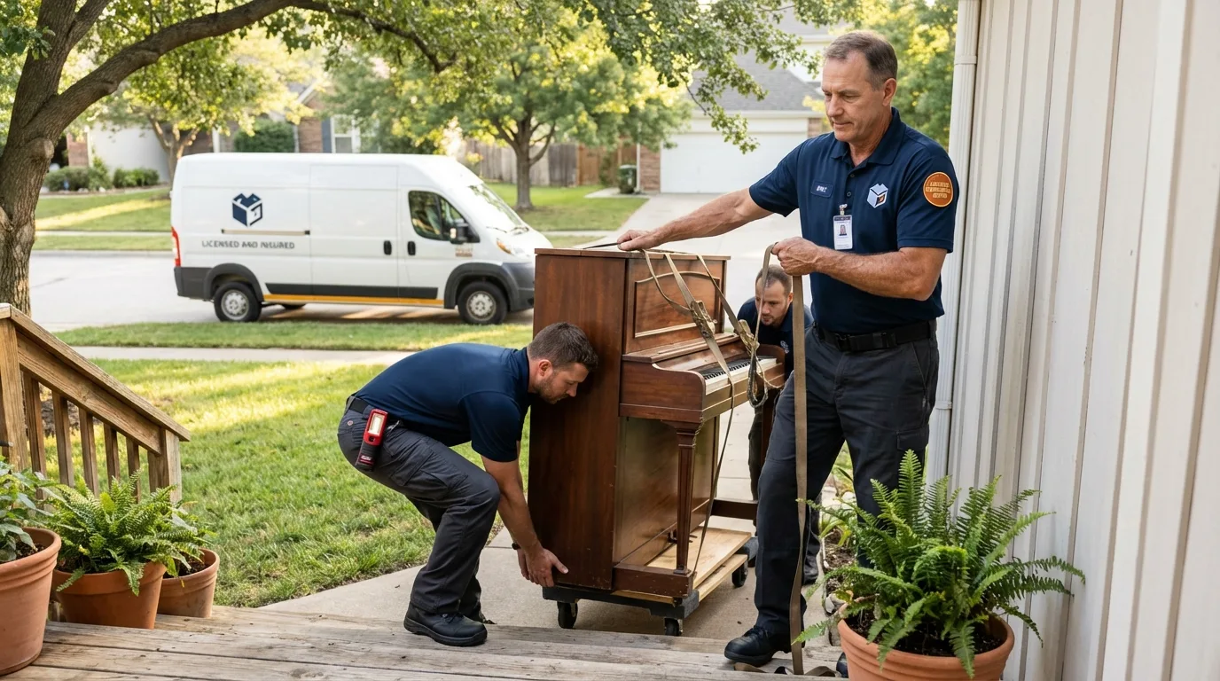 Licensed piano movers securing grand piano in Stanberry, MO